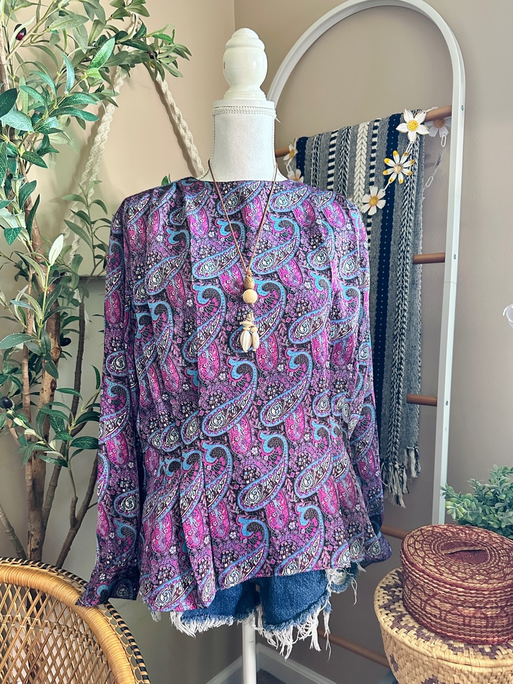 Vintage TESS Paisley Pleated Button Back Blouse Boho 80s 90s Size 10